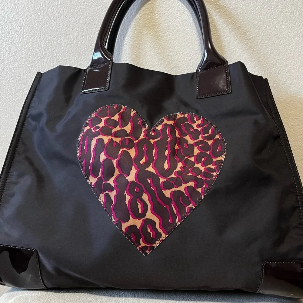 Tory Burch World Drive Black and Brown Leopard Heart Tote